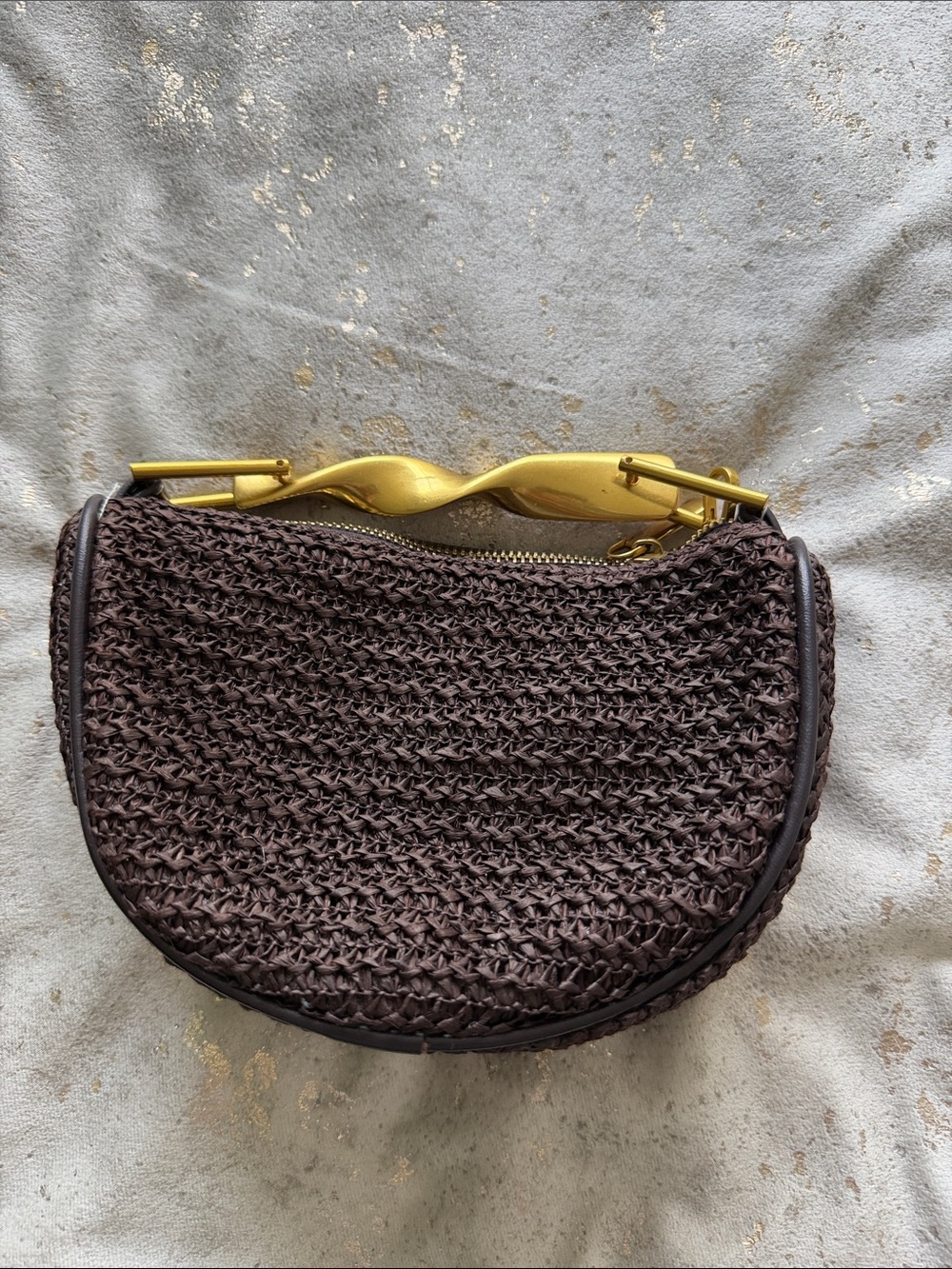 Dark Brown Woven Mini Bag with Gold Handle